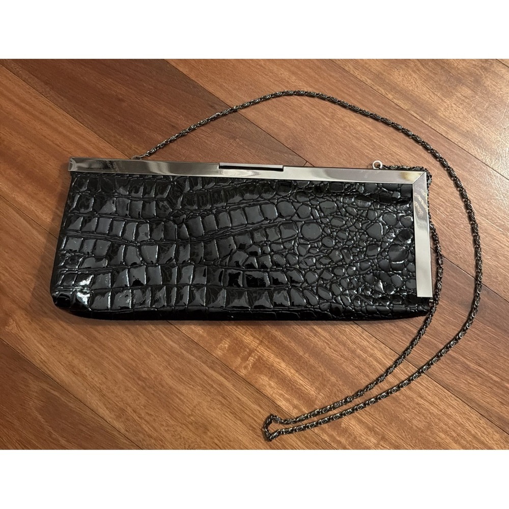 Jessica McClintock Black Faux Croc Evening Bag Clutch Chain Strap 11"